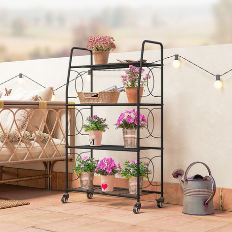 Scaffale portavasi in metallo a 4 ripiani con ruote, per interni ed esterni, 67 x 29 x 114 cm, nero.
