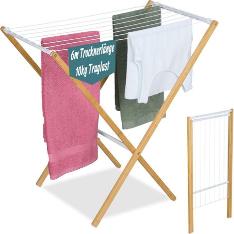 Relaxdays folding clothes airer, 8 rails, HxWxD: 77 x 79 x 49 cm, bamboo, metal, freestanding drying rack, natural/white (1/5)