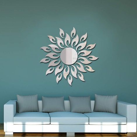 3D Miroir de Tournesol Stickers muraux Rond Acrylique Salon Chambre TV Fond Stickers muraux Salle de Mariage entrée décor à la Maison (Argent) (1/5)