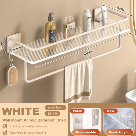 Étagère de salle de bain de luxe sans perçage (50 cm, blanche avec barre) - Support mural pour shampoing et cosmétiques - Organisateur carré en acrylique (1/5)