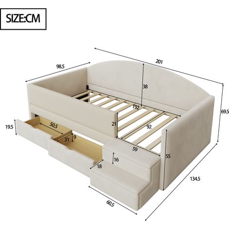 Canapé convertible rembourré 90x190cm, sofa-lit avec rangements, 2 tiroirs, barrières de protection, repose-pieds, housse en velours confortable, sans matelas, teinte sable. (1/5)