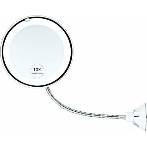 10x Lighted Makeup Mirror, Bathroom Vanity Mirror with Strong Suction Cup and 360° Adjustable Flexible Gooseneck, Cordless and Compact Travel Mirror