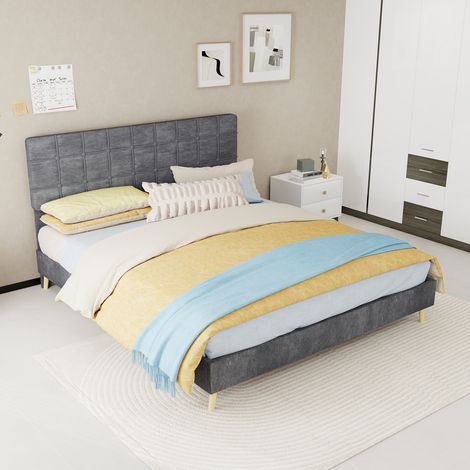 Cama tapizada (205x160x104 cm), cabecero acolchado de cuadros, estructura de madera maciza, terciopelo gris (1/5)