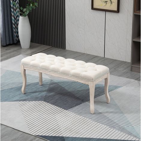 Vintage-gepolsterte Bank 110 x 40 x 48 cm aus Gummibaumholz und beigefarbenem Leinen HAVRYA (1/5)