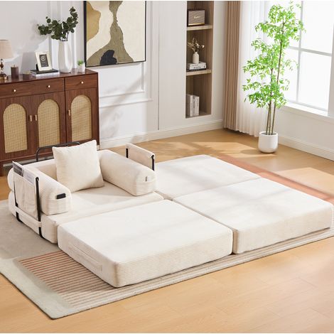 Canapé modulable en velours côtelé beige 112x190x67 cm avec pouf, coussin et poche latérale (1/5)