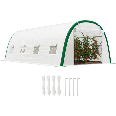 Serre de Jardin Tunnel 18 m² dim. 6L x 3l x 2H m - 8 fenêtres, portes zippée Enroulable, Acier galvanisé, bâche PE, Blanc