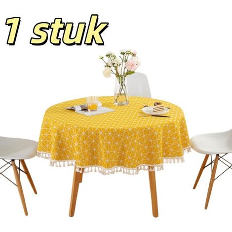 Nappe ronde en coton et lin 120 cm – Nappe avec glands décoratifs – Pour fête, cuisine, jardin, pique-nique et décoration intérieure – Jaune (1/5)