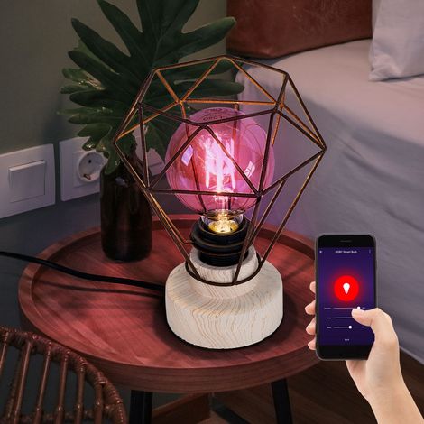 Lampada da tavolo smart LED lampada in legno lampada da tavolo camera da letto lampada gabbia legno E27, cambio colore RGB, app e controllo vocale, bianco caldo-bianco freddo, DxH 19x22,5 cm