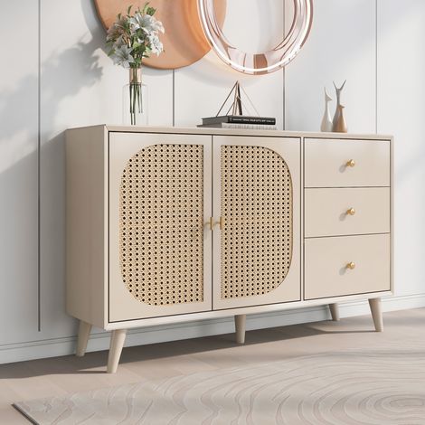 Tkopy - Buffet salon 120x 40 x82.5 cm, console meuble, buffet bois, buffet salle a manger, console entree, meuble d'appoint avec rangements, 3 tiroirs et deux portes pivotantes, blanc cassé (1/5)