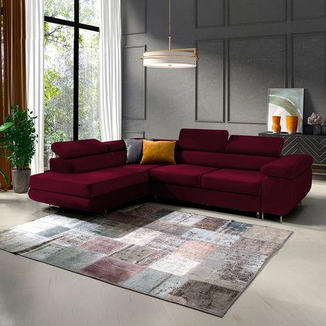 Canapé d'angle convertible gauche 4 places Wilson velours Bordeaux (1/5)