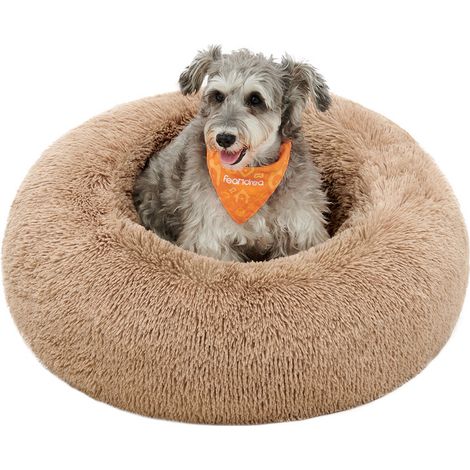 Panier pour Chien, Lit Ronde en Forme de Beignet, Canapé, Coussin Central Amovible et Lavable, Tissu Peluche Doux, Ø70 cm, Marron Camel (1/5)