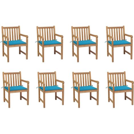 Chaises de jardin lot de 8 avec coussins bleu Bois teck massif (1/5)