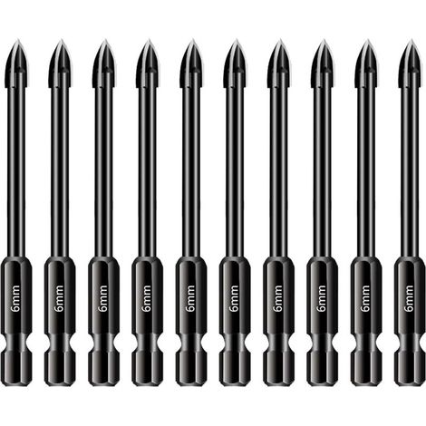 Lot de 10 forets de 6 mm pour carrelage et verre, Tige hexagonale 1/4 en carbure de tungstène, Outil de perçage pour porcelaine, céramique, miroirs, béton, mur de brique, verre