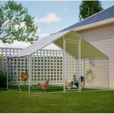 Enclos métallique pour poules 303 x 200 x 200 cm avec toit et échelle blanc OKMYHOME (1/5)