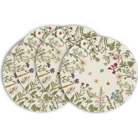 Set mit 4 runden Platzsets, 35,5 cm – Antikes Wildblumen- und Kräutermotiv, Frühling/Sommer – zur Tischdekoration (1/5)