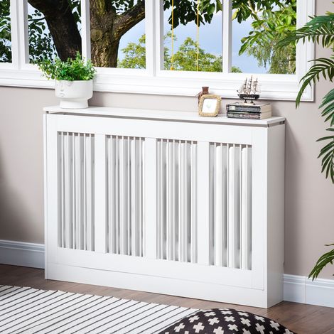 Cache-radiateur à lattes moderne et élégant pour la maison, en MDF et acier, 120 x 18 x 84 cm, blanc