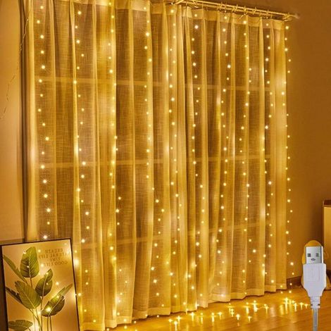 Rideau lumineux 2 x 2 m, rideau lumineux intérieur, 200 LED, rideau lumineux USB à suspendre, blanc chaud, pour Noël, fête de mariage, décoration murale de chambre à coucher (1/4)