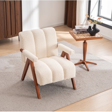 Fauteuil d'appoint, en bouclette et bois massif, avec accoudoirs, style moderne, beige (1/5)
