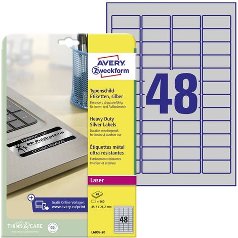 Avery-Zweckform L6009-20 Etiquette plaques signalétiques 45.7 x 21.2 mm film de polyester argent 960 pc(s) fixation per (1/4)
