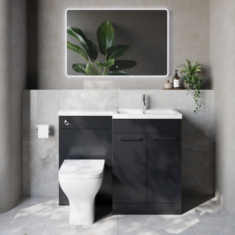 Napoli 460 Gloss Grey 1100mm 2 Door Vanity Unit Toilet Suite with Right Hand Square Lucia Basin - 1100mm - Chrome 160mm HandleWith Kingston Toilet Pan and Seat