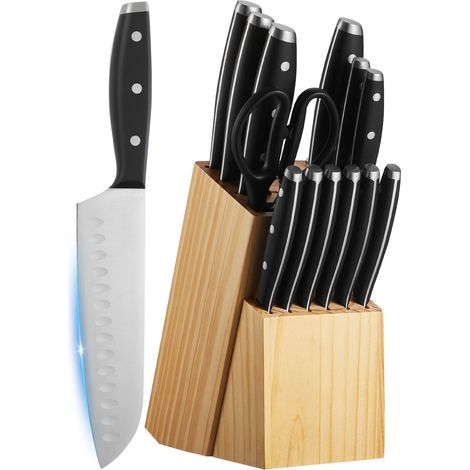 Couteau de Cuisine Set 15 Pièces avec Bloc et Aiguiseur, Lame Acier Inoxydable Haute Carbone, Manche Ergonomique, Bloc Bois Premium pour Cuisiniers Amateurs (1/5)