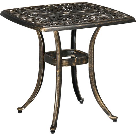 Table de jardin décorative vintage avec trou pour parasol, aluminium moulé, couleur bronze, 54 x 54 x 52,5 cm (1/5)