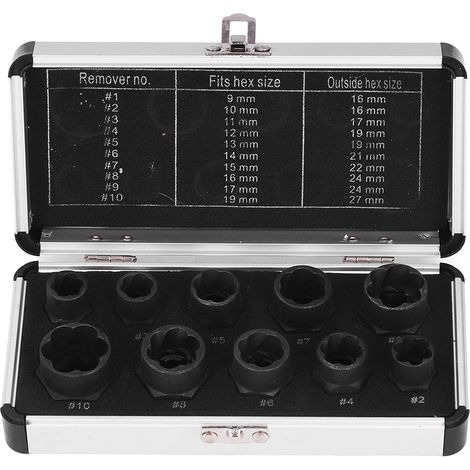 Kit 10 pièces extracteur de vis cassées, douille hexagonale dévissage écrou abîmé, jeu de dégrippage boulon roue multiples tailles (1/5)