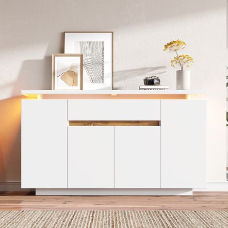 Sideboard mit 4 Türen, 1 Schublade und 2 Verstellbaren Einlegeböden, LED, für Wohnzimmer oder Küche, Weiß, 140 × 40 × 80 cm (1/5)