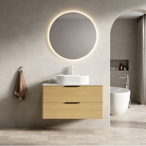Waschtisch Keramik & Sinterstein in Beige/Eiche/Weiß, 90 cm, mit 2 Schubladen (1/5)