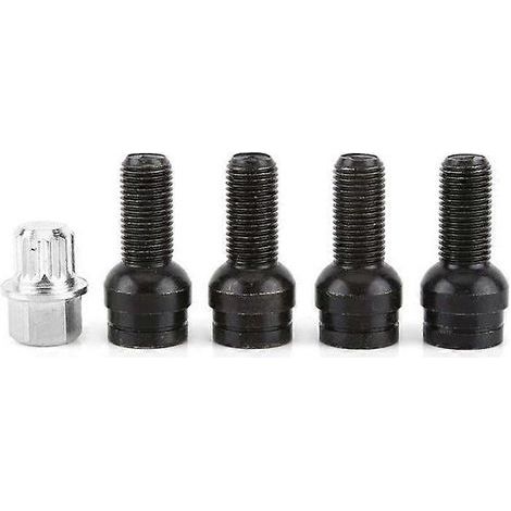Kit di dadi per ruote in acciaio nero M14, filettatura da 1,5 mm, 4 bulloni normali più 1 bullone antifurto con chiave per veicoli. (1/5)