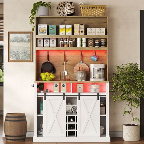 Buffet de cuisine avec led et prise 110x40x191cm meuble haut de cuisine avec porte coulissante porte-bouteilles et crochets style moderne mdf blanc et naturel (1/5)