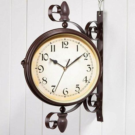 Horloge murale d'extérieur pour jardin, horloge murale double face de style vintage, décoration intérieure et extérieure, 20 cm (pile non incluse) (1/5)