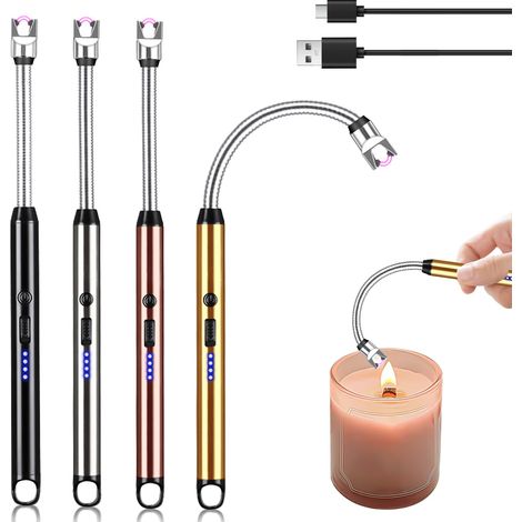 Lot de 4 briquets à arc électrique, rechargeables par USB, avec serrure de sécurité et indicateur de batterie, portable à 360 °, coupe-vent, sans flamme, pour bougies, barbecue (Argent) (1/5)