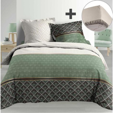 Pack parure de couette 220x240 cm 100% percale Belor + drap housse 140x190 cm Lin (1/3)
