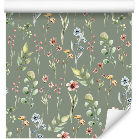 Papel pintado 3D con hojas y flores de pradera primaveral para salón y dormitorio, 50x1000 cm. (1/5)