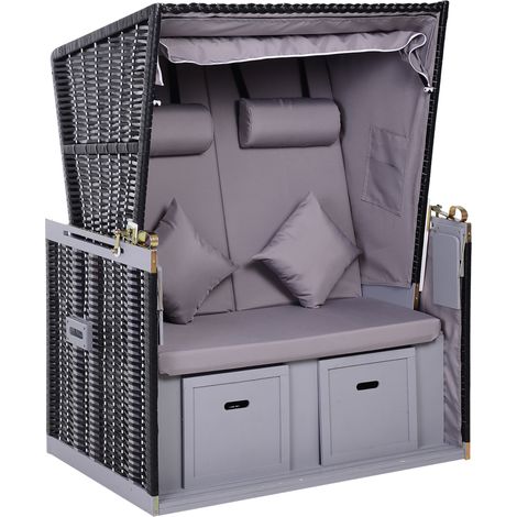 Strandkorb doppia con tettuccio, polyrattan grigio, reclinabile, 118 x 79 x 160 cm (1/5)