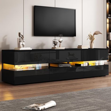 Meuble TV moderne noir laqué brillant 160×39×45 cm, LED, 2 portes, 1 tiroir, compartiment ouvert. Insert verre acrylique, ouverture push, TV jusqu'à 70 pouces.