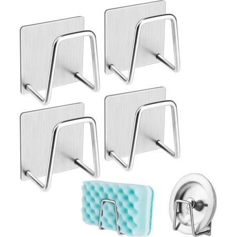 Porte-éponges à vaisselle (lot de 4) - Acier inoxydable antirouille et durable - Adhésif puissant - Petit porte-éponge - Couleur argentée - Lot de 4 (1/5)