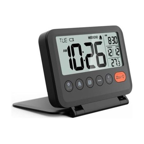Mini réveil de voyage numérique LCD portable, silencieux, élégant et portable, réveil de bureau compact et pliable alimenté par piles (noir) (1/5)