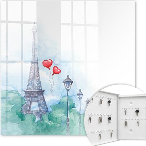 Armoire à clés - (30 cm x 30 cm) - Boîte à clés murale - Coffret de rangement pour clés - Couleur blanche - Ouverture vers la gauche - Pour maison et bureau - Paysages parisiens (1/5)