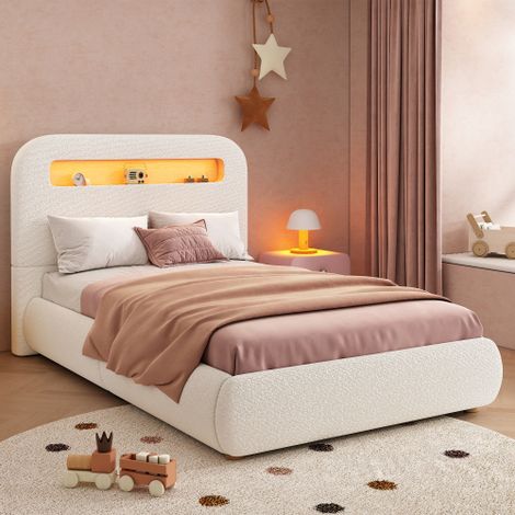 Lit coffre hydraulique 90x200 cm avec LED, tête de lit et pieds bois massif, lit enfant rembourré en bouclette blanche (1/4)