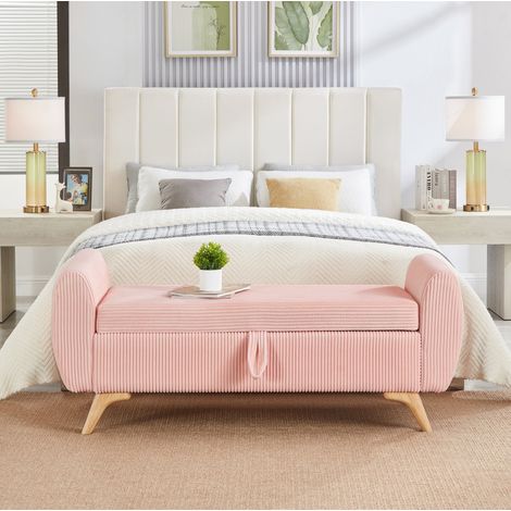 Banco plegable de pana con almacenaje y patas de madera 145 x 51 x 45 cm rosa OKWISH (1/5)