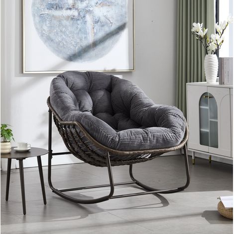 Fauteuil à bascule d’extérieur en rotin synthétique avec coussin, 78 x 106 x 90 cm, gris, REDOM (1/5)