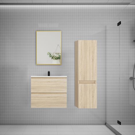 Ensemble meuble Chêne et vasque L.60cm 2 tiroirs + colonne haut + lavabo + miroir-suspendu (1/5)