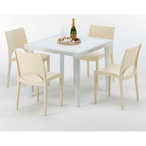 Tavolino Quadrato Bianco 90x90 cm con 4 Sedie Colorate Paris Love - Beige