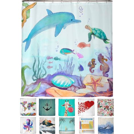 1 Rideau de douche, Motif océan aquarelle, Anti-moisissure, Polyester recyclé, 180x200 cm, Salle de bain