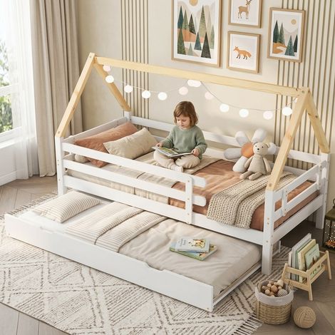 Letto a casetta singolo con letto estraibile 90x200 cm, legno massello bianco e naturale, con sponde di sicurezza (1/5)