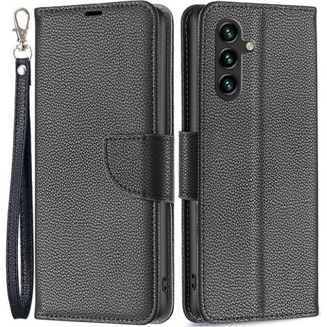 Custodia a libro per Samsung Galaxy A15, portafoglio in pelle Litchi, nera + vetro 9H (1/5)