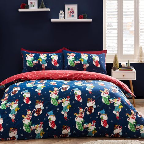 Parure de lit avec Housse de Couette et taie d'oreiller en Coton Majoritaire Motif Elfes de Noël Bleu Marine (1/5)