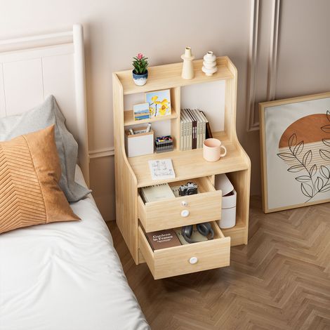 FIANAO – Table de chevet en bois – 2 tiroirs, étagères ouvertes – pour chambre et salon – 47 × 30 × 70 cm, couleur bois (1/5)